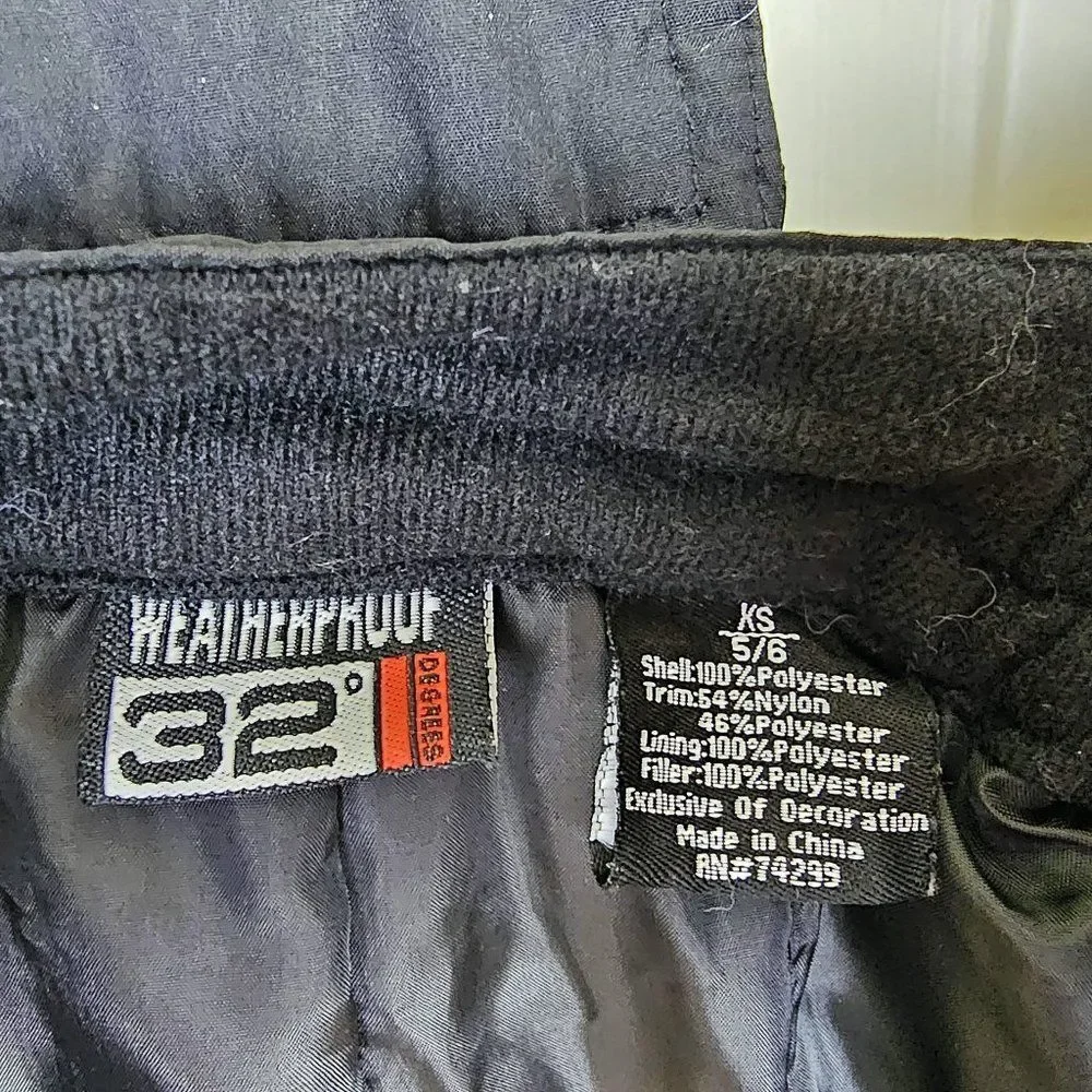 Waterproof 32 Degrees Black Bib Ski Pant with Zip Off Suspender Size 5/6